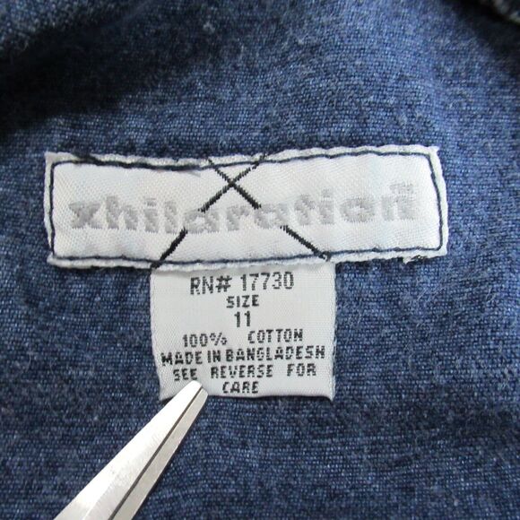 VTG Xhilaration Jean Overall Shorts Shortalls Women 11 Blue Denim Back Patch Y2K - Picture 2 of 12